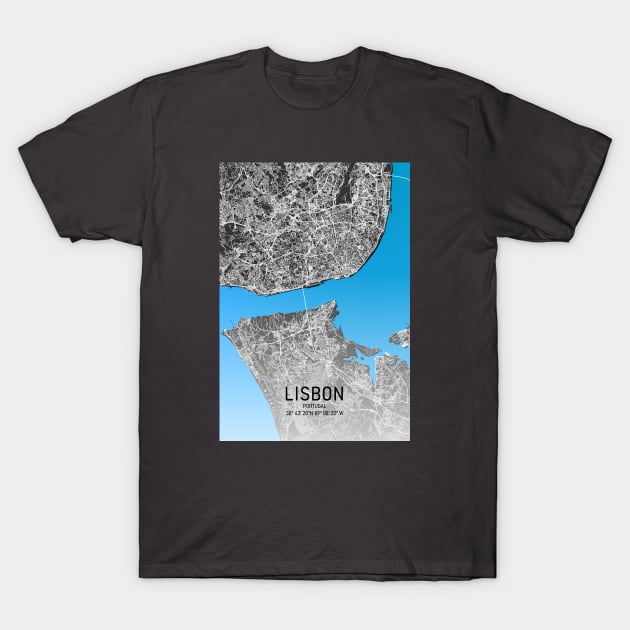 Lisbon City Map Blue, White and Black T-Shirt by MapCarton